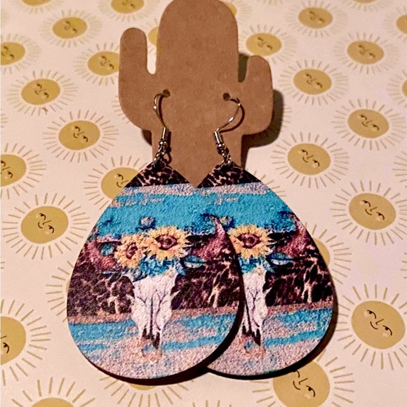 Floral Cow Skull Wood Earrings - Picture 2 of 3